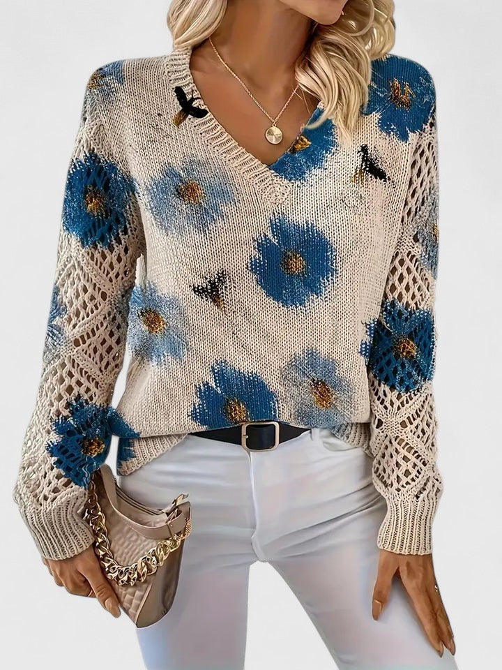 Stylish women's floral knit cardigan with long sleeves, ideal for fall outfits.