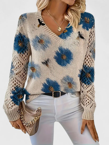 Stylish women's floral knit cardigan with long sleeves, ideal for fall outfits.