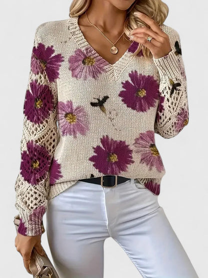 Elegant women's floral knit V-neck cardigan, a sophisticated layering top.