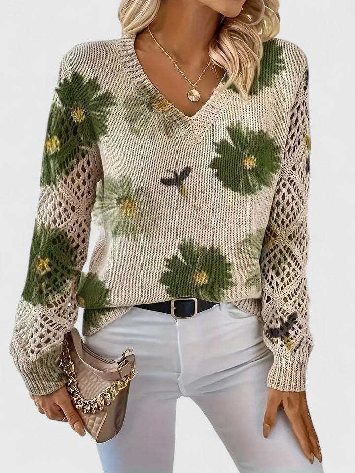 Fall outfit women's floral knit cardigan, a long sleeve V-neck layering piece.