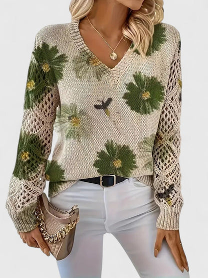 Fall outfit women's floral knit cardigan, a long sleeve V-neck layering piece.