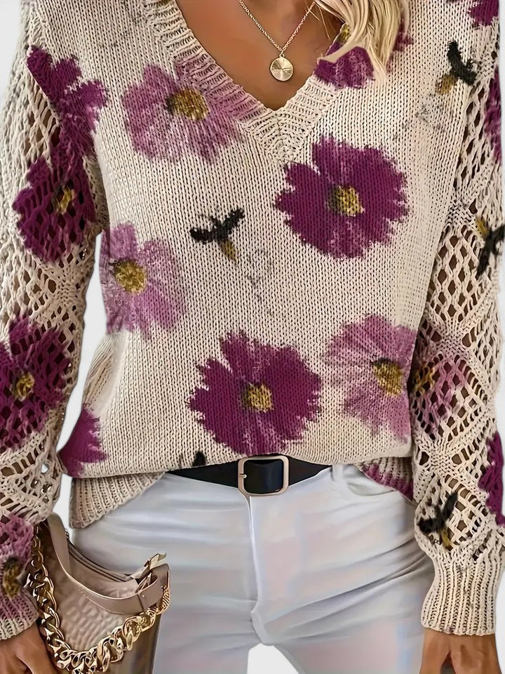 Sophisticated women's floral knit V-neck cardigan, ideal for spring fashion.