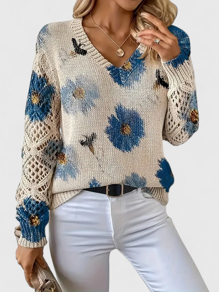 Stylish women's floral knit cardigan, a versatile layering piece for fall outfits.