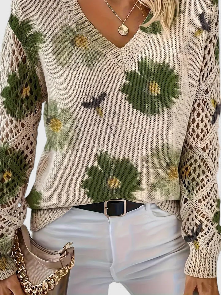 Elegant women's V-neck floral knit cardigan, perfect for sophisticated style.