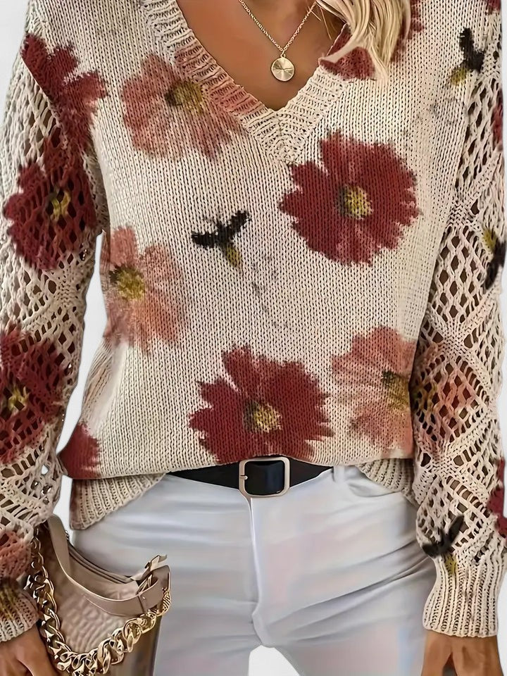 Stylish women's floral knit V-neck cardigan, great for fall & spring fashion.