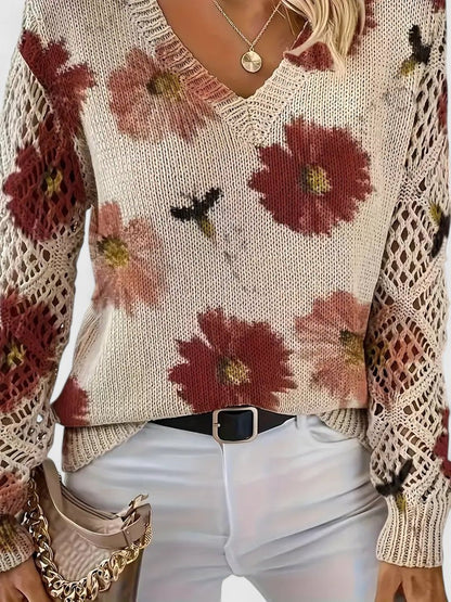 Stylish women's floral knit V-neck cardigan, great for fall & spring fashion.