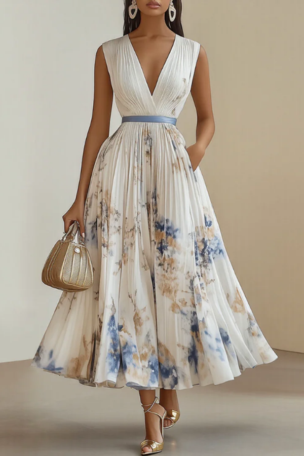 Women's elegant floral long sleeve pleated maxi dress with V-neck, perfect for summer parties & versatile occasions.