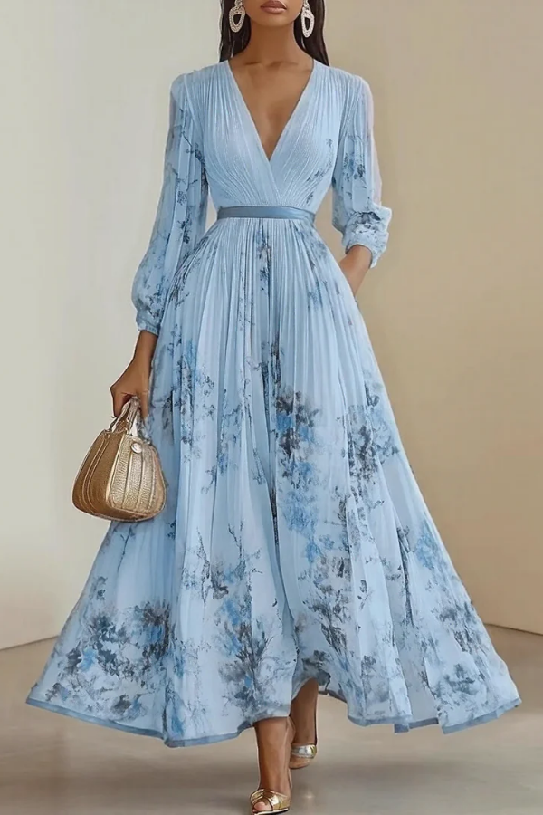 Chic women's floral pleated maxi dress with long sleeves & V-neck. Ideal for elegant parties, summer events & casual wear.