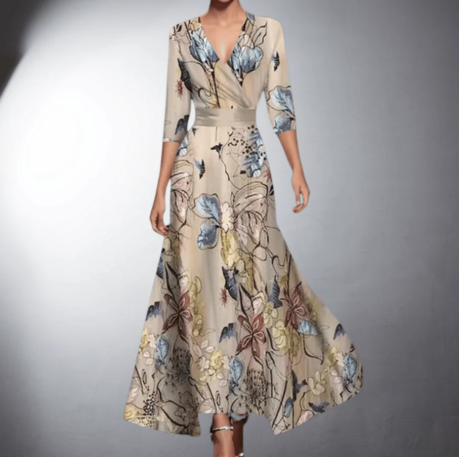 Women's elegant floral maxi dress with flowing skirt, perfect for summer parties or casual day wear.