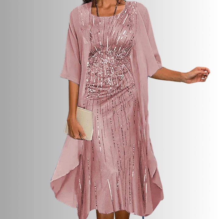 Spring/Summer fashion: Women's beautiful floral midi dress & cardigan set, a must-have elegant two-piece outfit.