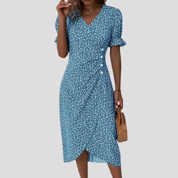 Women's elegant floral midi dress with button front, V-neck, and puff sleeves. Perfect for summer casual.
