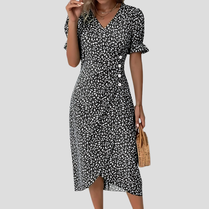 Versatile women's floral print midi dress, button front, V-neck. Ideal for summer casual or elegant events.