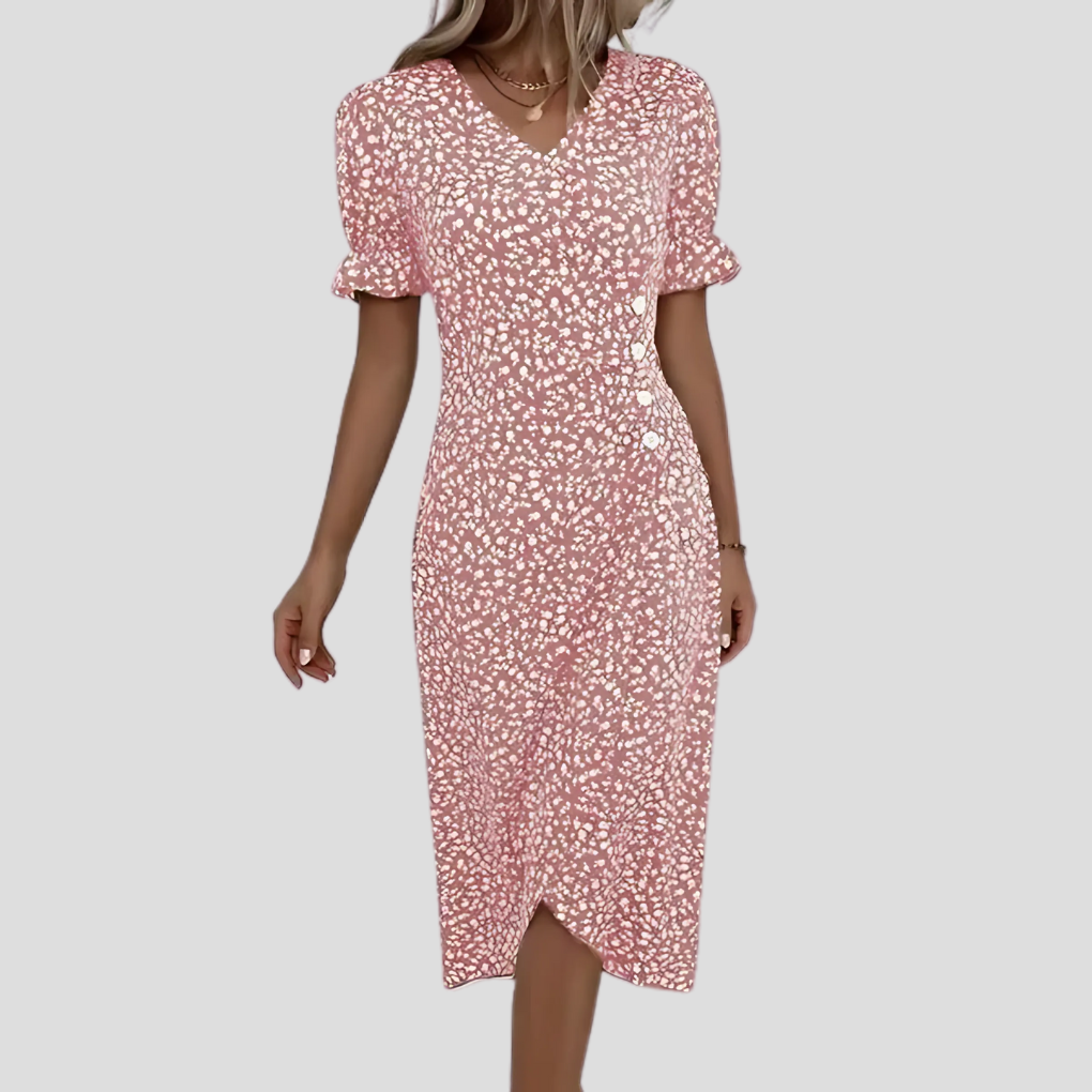 Casual women's button-front midi dress in a vibrant floral print, featuring a V-neck and puff sleeves.