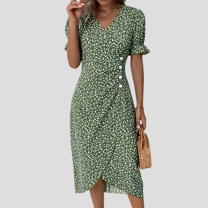 Summer-ready women's floral midi dress with a stylish button front. Lightweight and elegant for warm weather.