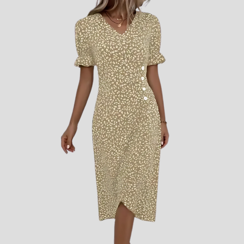 Chic women's V-neck floral midi dress, button front, and fashionable puff sleeves. Versatile daywear.
