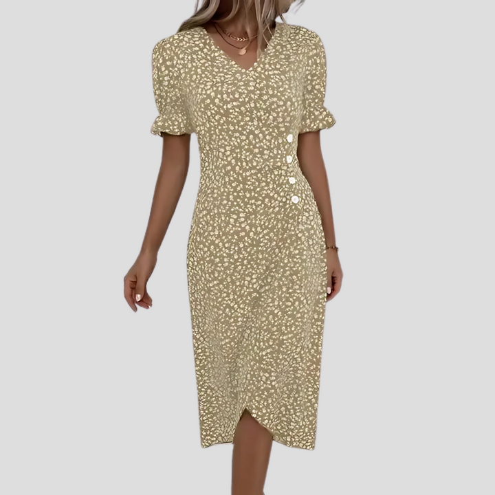 Chic women's V-neck floral midi dress, button front, and fashionable puff sleeves. Versatile daywear.