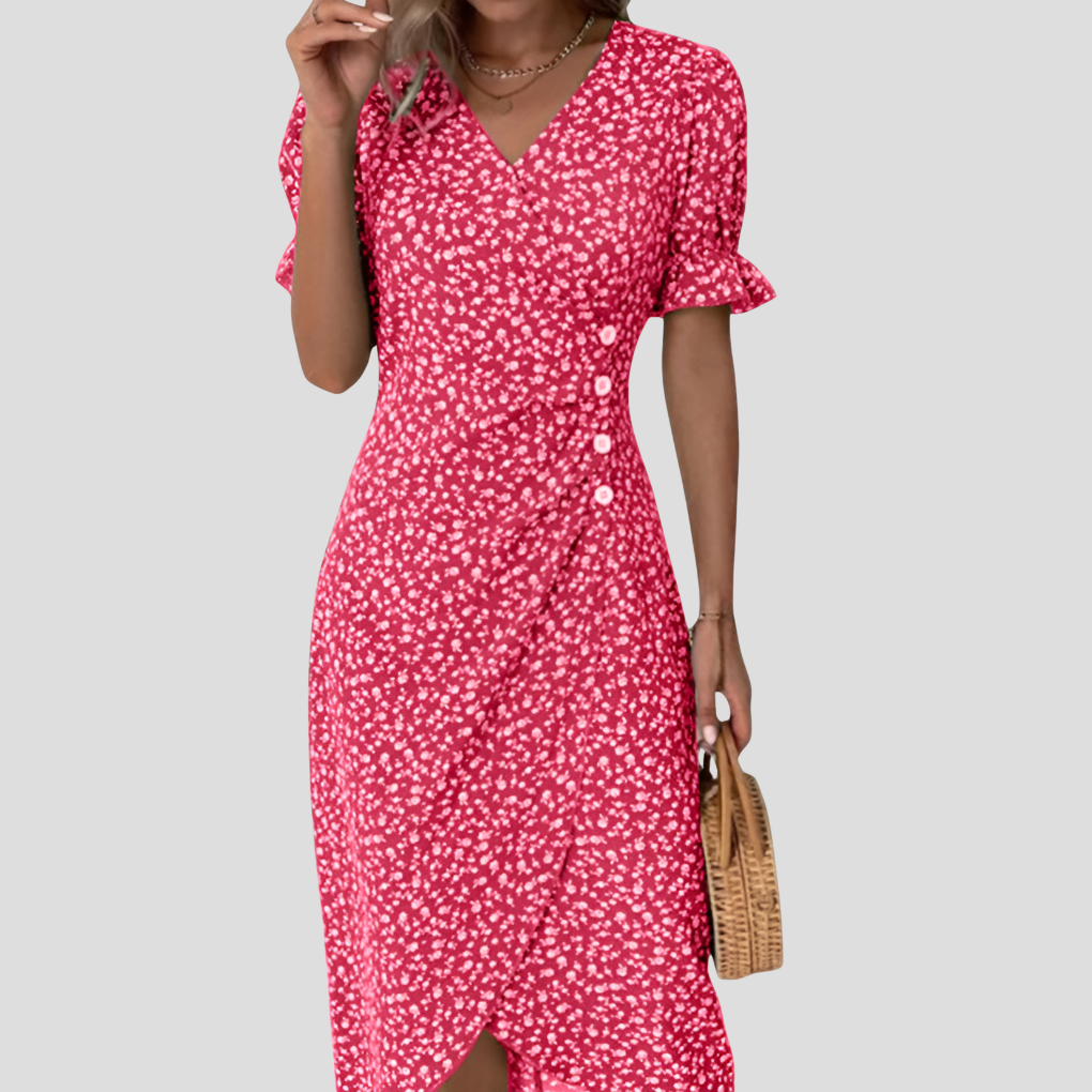 Elegant women's floral midi dress, button front, V-neck, and puff sleeves. A versatile and stylish summer dress.