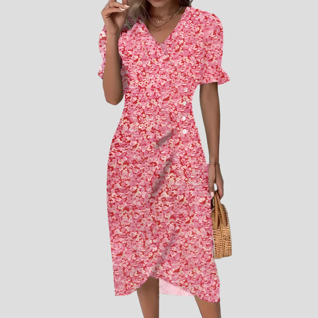 Women's casual elegant floral print midi dress with button front, V-neck. Perfect summer day dress.