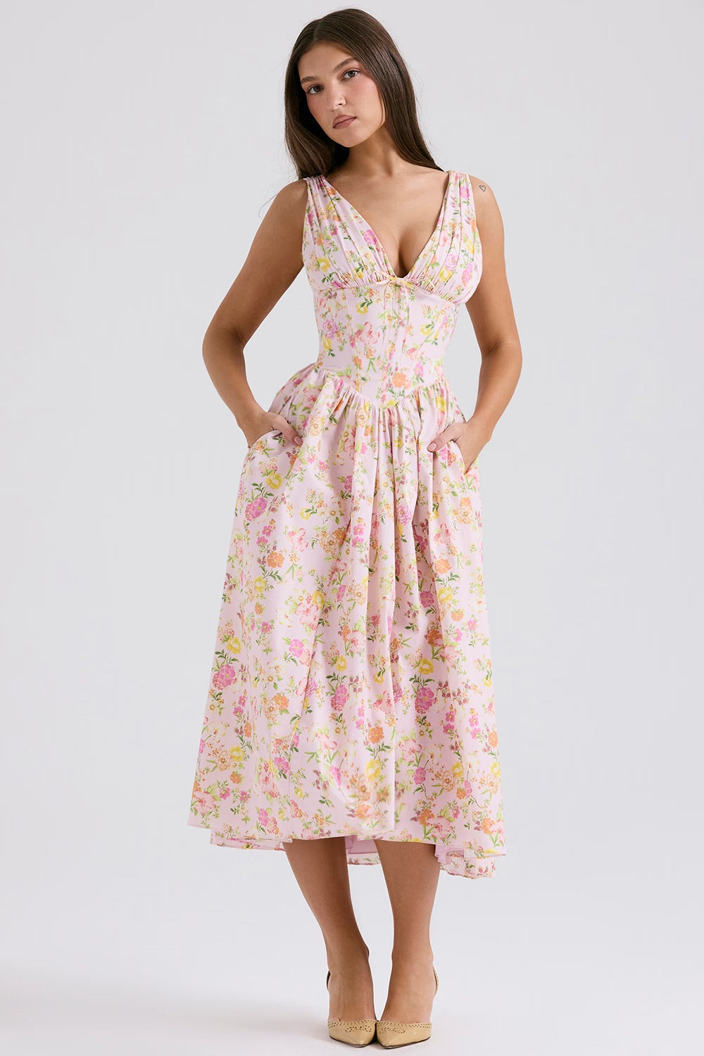 V-neck floral corset midi dress for women, ideal as a stylish wedding guest or summer party dress.