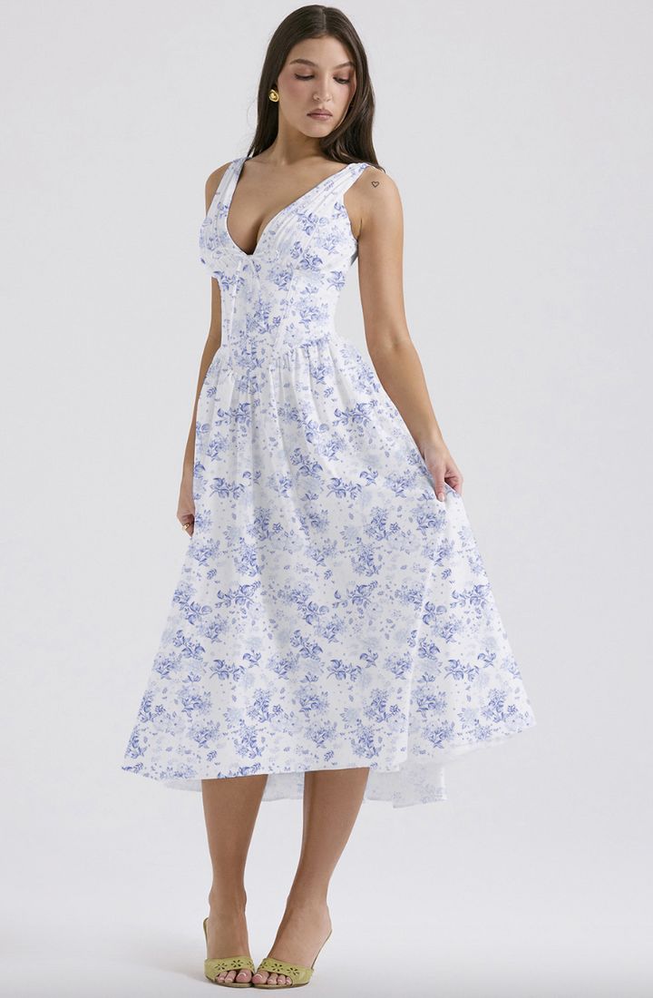 Elegant women's floral A-line midi dress featuring a chic corset and V-neck, perfect for a garden party.