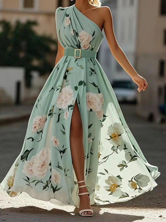 Women's elegant floral one-shoulder A-line maxi dress, ruched detail, perfect for summer parties & weddings.