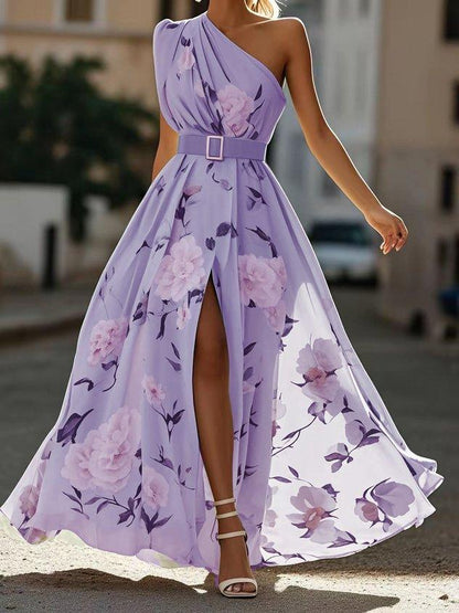 Elegant women's A-line floral maxi dress with a sophisticated one-shoulder and flattering ruched bodice.