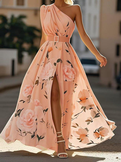 Women's floral ruched one-shoulder A-line maxi dress. Elegant party & wedding guest summer fashion.