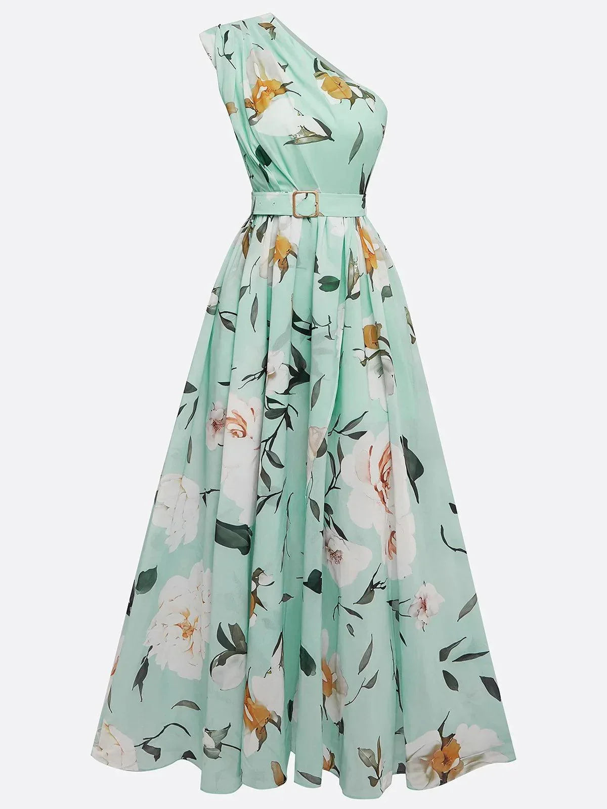 Chic women's floral ruched one-shoulder maxi dress, A-line silhouette, ideal for wedding guests & special occasions.