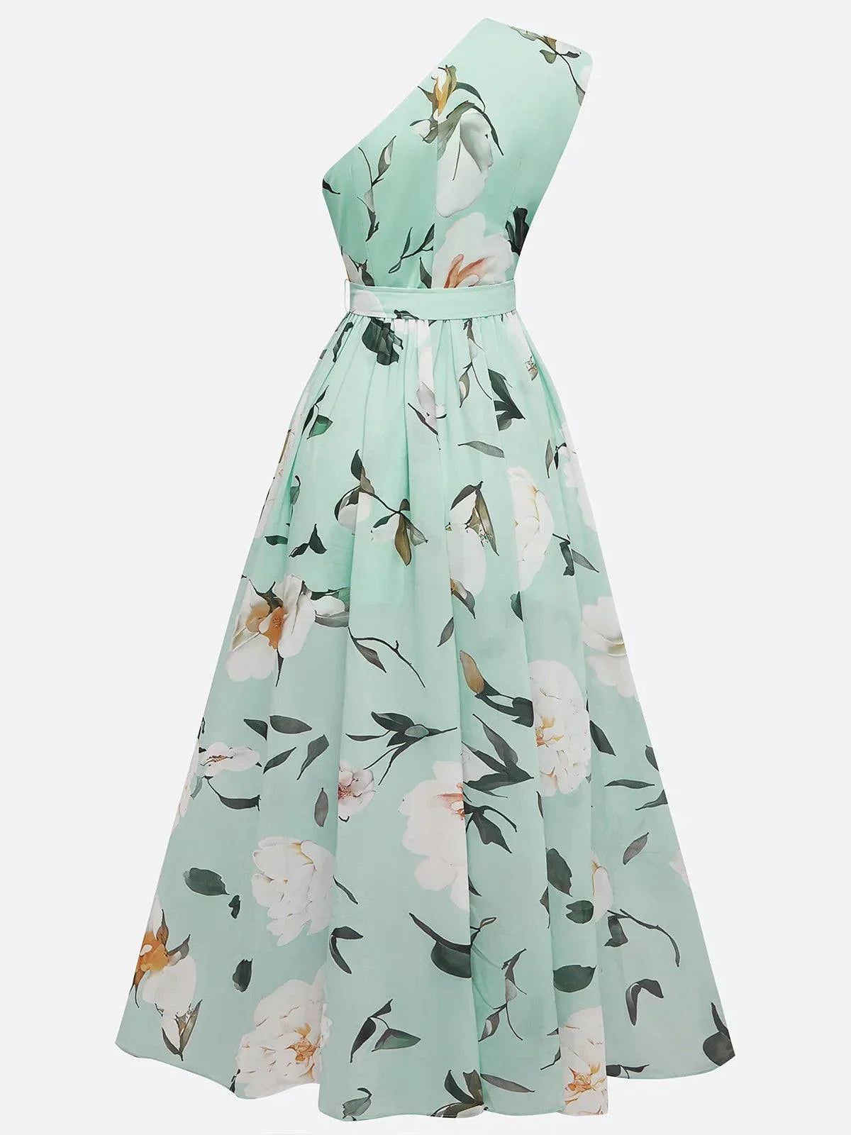 A-line floral maxi dress for women, featuring a stylish one-shoulder design and flattering ruched bodice.
