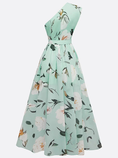 A-line floral maxi dress for women, featuring a stylish one-shoulder design and flattering ruched bodice.