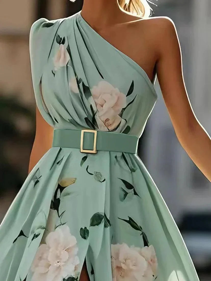 Women's sophisticated floral A-line maxi dress with elegant one-shoulder neckline and delicate ruched detailing.