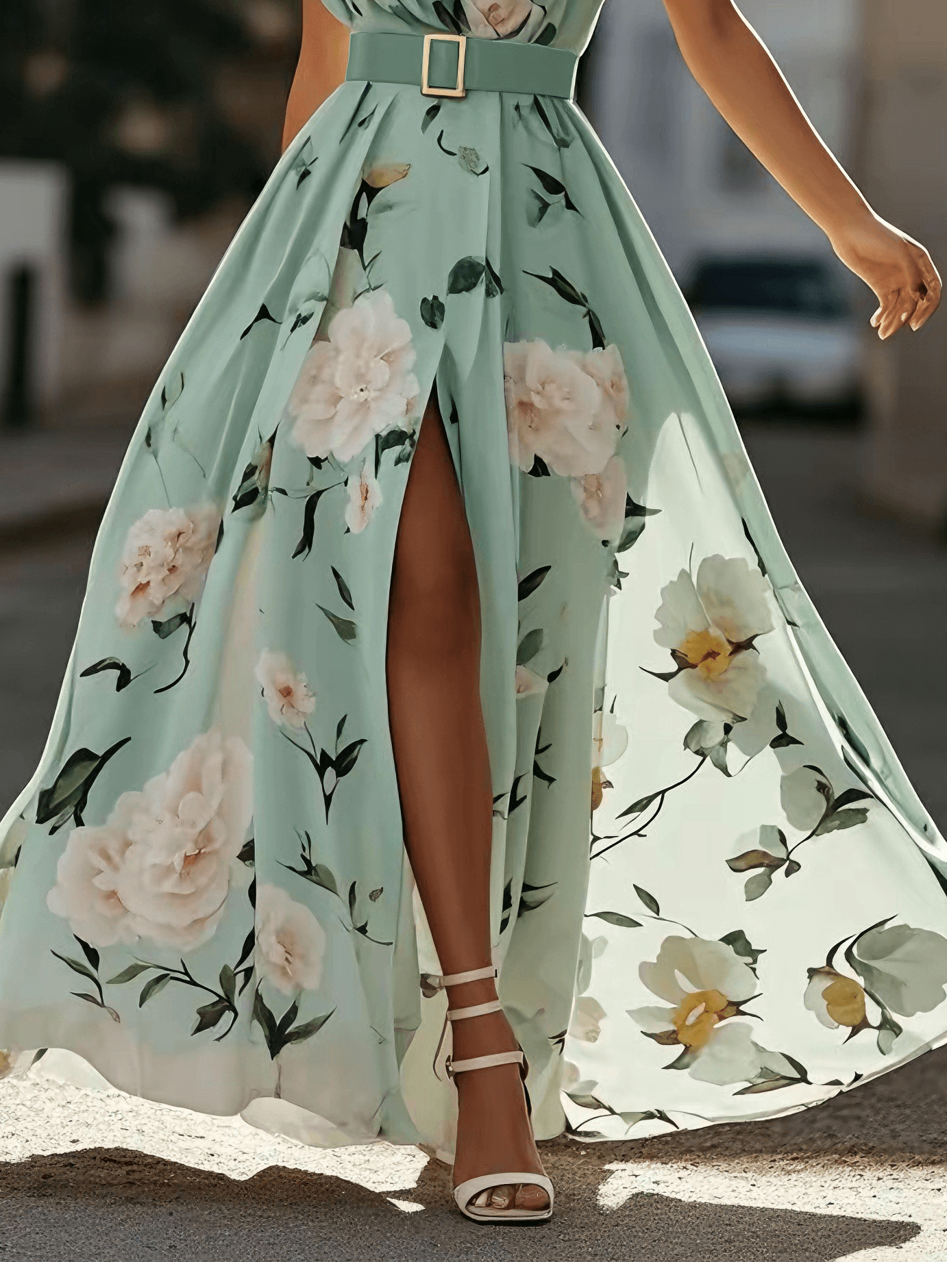 Summer fashion: Women's vibrant floral A-line maxi dress, one-shoulder & ruched, perfect for warm weather events.