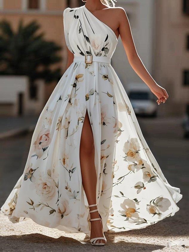 Wedding guest floral A-line maxi dress for women, elegant one-shoulder design & ruched bodice for sophisticated style.