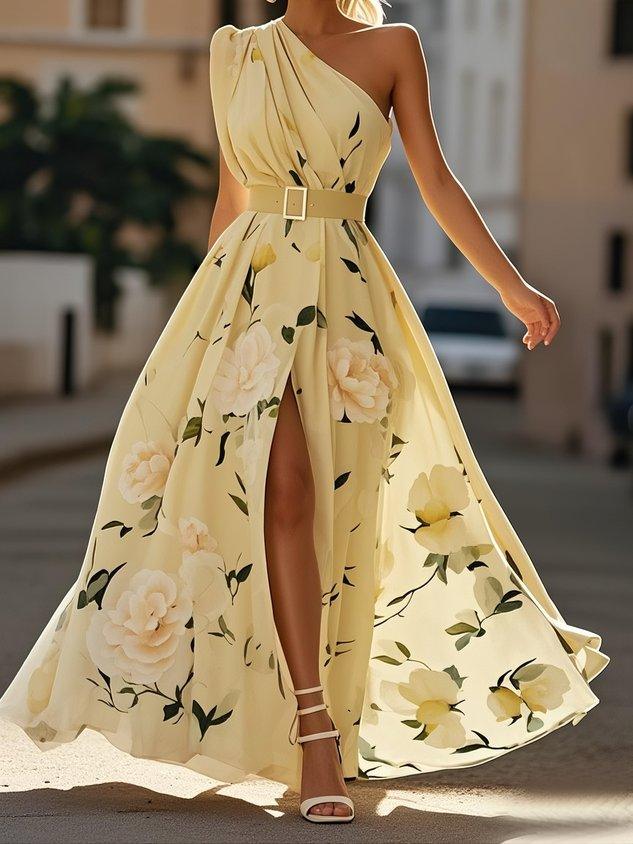 Comfortable women's floral maxi dress, A-line cut, one-shoulder, and ruched for a flattering, elegant look.