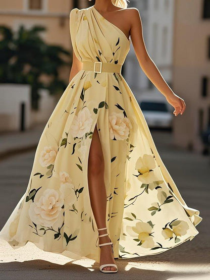 Comfortable women's floral maxi dress, A-line cut, one-shoulder, and ruched for a flattering, elegant look.
