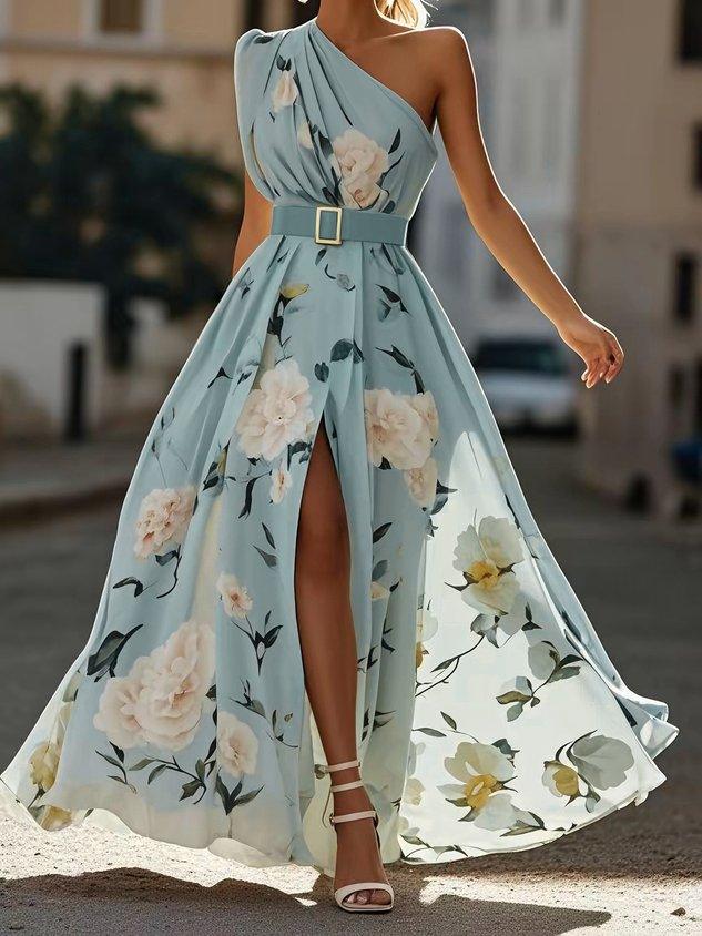 Vibrant floral pattern A-line maxi dress for women, featuring a trendy one-shoulder and chic ruched detail.