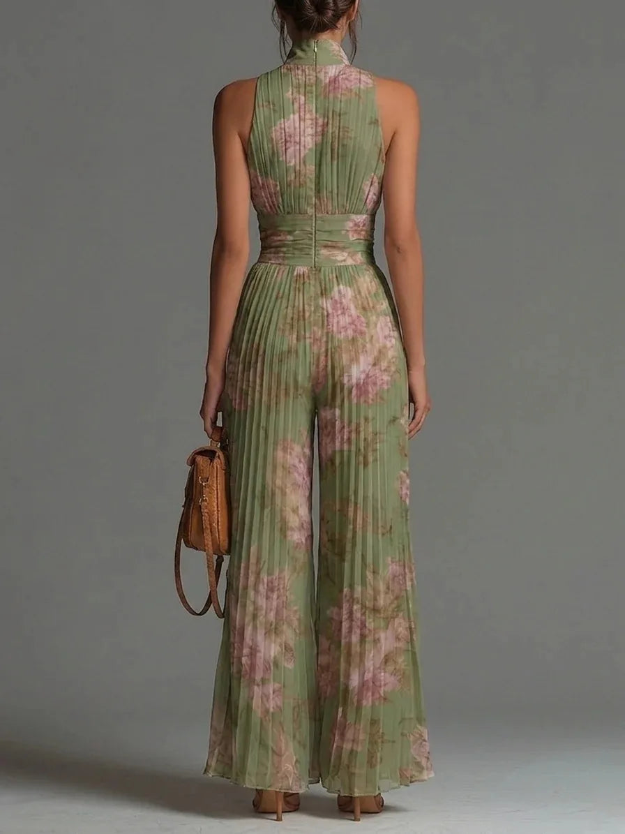 Stylish women's summer floral halter jumpsuit, pleated wide leg design for elegant occasion or party wear.