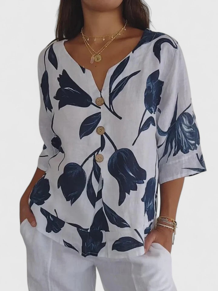 Women's elegant floral print V-neck blouse with long sleeves, perfect for spring casual or dressy outfits.