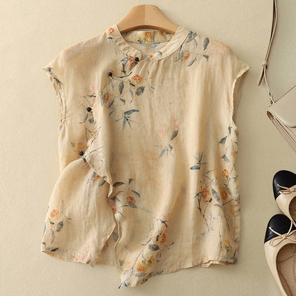 Women's elegant floral sleeveless blouse with a stylish mandarin collar, perfect for summer casual wear.