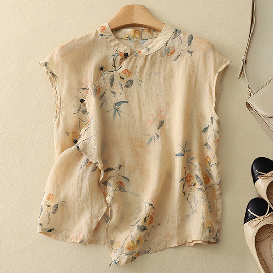 Women's elegant floral sleeveless blouse with a stylish mandarin collar, perfect for summer casual wear.