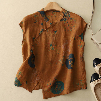 Airy women's sleeveless top featuring a delicate floral print, mandarin collar, and button-up front.