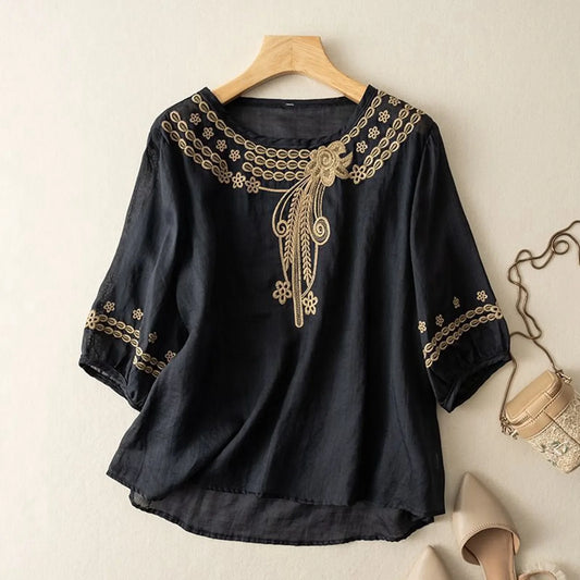 Women's elegant floral stitch blouse, relaxed fit, perfect for casual chic spring fashion.