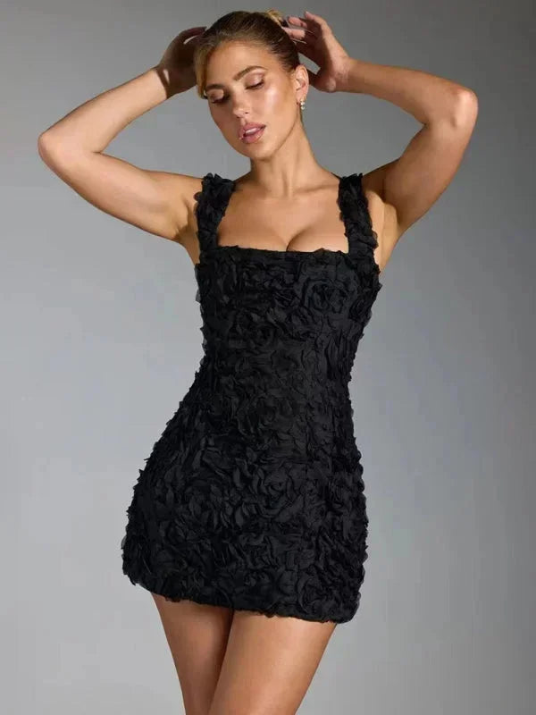 Chic floral textured mini dress, perfect as a birthday, vacation, or party outfit.