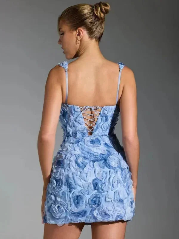 Textured floral mini party dress for women, glamorous, slim fit, and elegant.