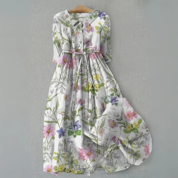 Women's elegant floral trapeze summer dress with button front & tie waist, perfect for vacation or casual wear.