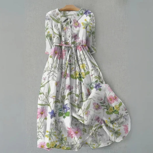 Women's elegant floral trapeze summer dress with button front & tie waist, perfect for vacation or casual wear.