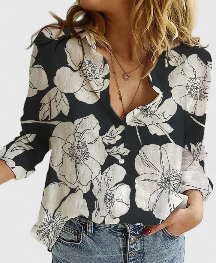 Women's elegant floral V-neck long sleeve blouse, perfect for versatile fashion and office wear.