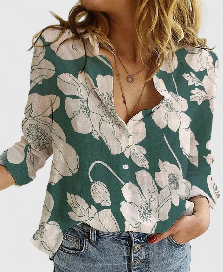 Stylish floral print V-neck long sleeve women's blouse, perfect for office or casual elegance.