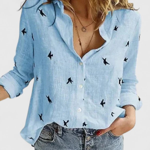 Casual chic floral V-neck long sleeve women's blouse, versatile for everyday fashion.
