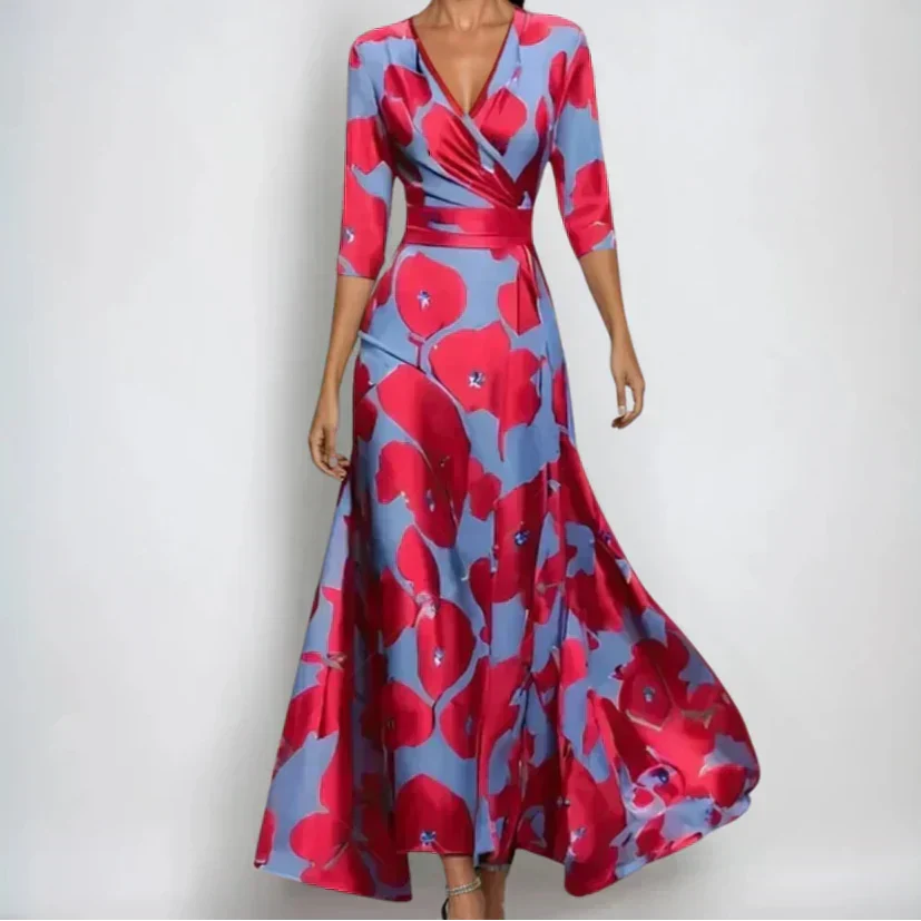 Versatile women's floral wrap dress. Elegant midi length, three-quarter sleeves for timeless style. Feminine fashion.